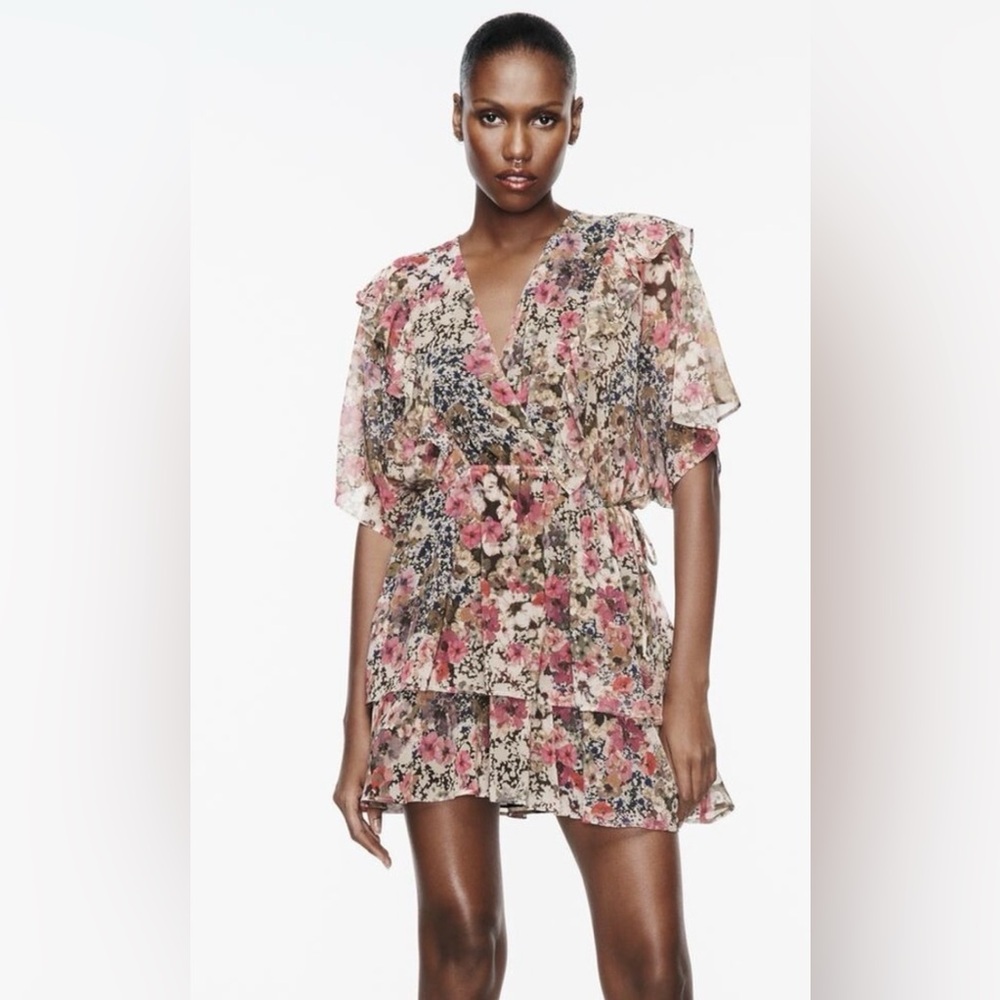 Zara They are new, without tag,Zara Pink and Green Flutter Sleeve Wrap Dress - Picture 1 of 6